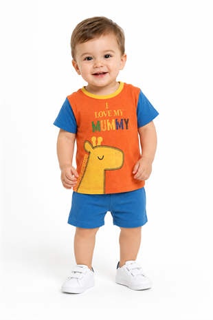 2109 - Love Mummy Baskılı  Erkek Bebek Takım - Turuncu - saks