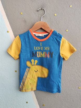 2109 - Love Mummy Baskılı  Erkek Bebek Takımı - Saks - Sarı 