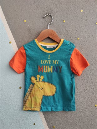 2109 - Love Mummy Baskılı  Erkek Bebek Takımı - Petrol - Turuncu