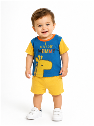 2109 - Love Mummy Baskılı  Erkek Bebek Takımı - Saks - Sarı 