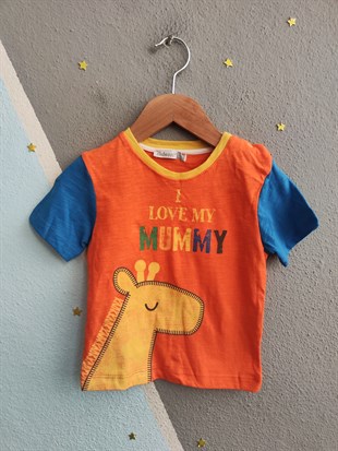 2109 - Love Mummy Baskılı  Erkek Bebek Takım - Turuncu - saks