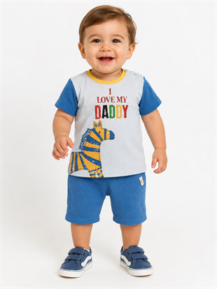 2110 - Love Daddy Baskılı  Erkek Bebek Takımı - Buz mavi - Saks