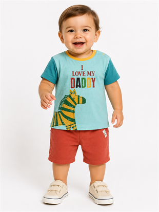 2110 - Love Daddy Baskılı  Erkek Bebek Takımı - Turkuaz - Kiremit