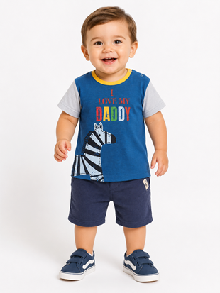 2110 - Love Daddy Baskılı  Erkek Bebek Takımı - mavi - Lacivert