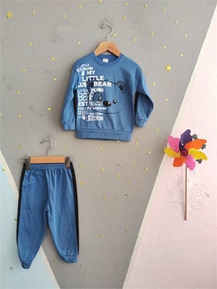 2118 - Kolları Şeritli Mevsimlik Erkek Çocuk Takım - Mavi - Siyah