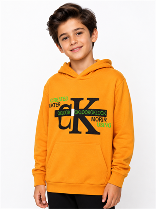 2119 - Baskılı Kapüşonlu Erkek Çocuk Sweatshirt - Sarı