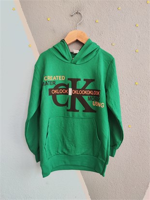 2119 - Baskılı Kapüşonlu Erkek Çocuk Sweatshirt - Yeşil