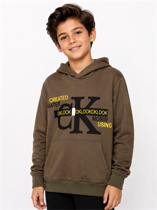 2119 - Baskılı Kapüşonlu Erkek Çocuk Sweatshirt - Haki