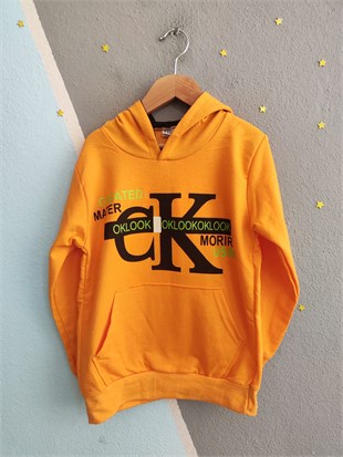 2119 - Baskılı Kapüşonlu Erkek Çocuk Sweatshirt - Sarı