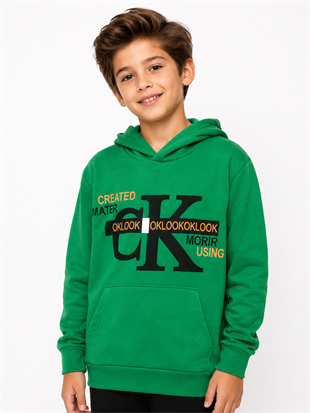 2119 - Baskılı Kapüşonlu Erkek Çocuk Sweatshirt - Yeşil