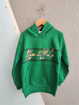 2120- Baskılı Kapüşonlu Erkek Çocuk Sweatshirt - Yeşil
