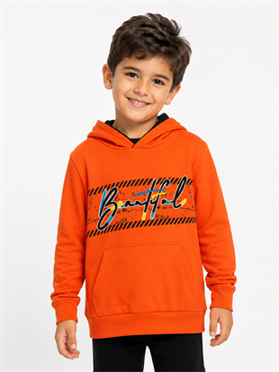 2120- Baskılı Kapüşonlu Erkek Çocuk Sweatshirt - Turuncu