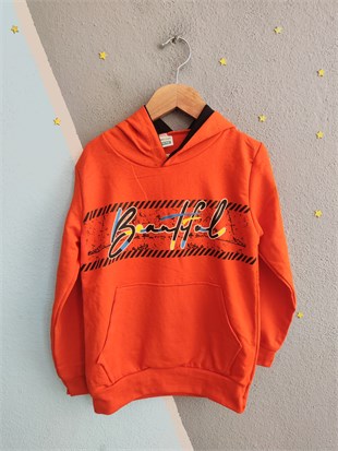2120- Baskılı Kapüşonlu Erkek Çocuk Sweatshirt - Turuncu