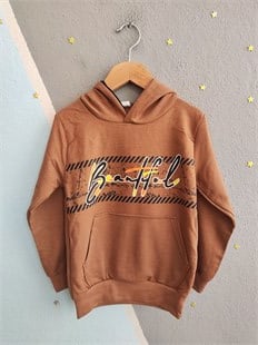 2120- Baskılı Kapüşonlu Erkek Çocuk Sweatshirt - Kahve