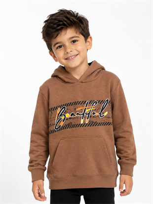 2120- Baskılı Kapüşonlu Erkek Çocuk Sweatshirt - Kahve