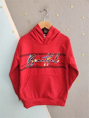 2120- Baskılı Kapüşonlu Erkek Çocuk Sweatshirt - Kırmızı