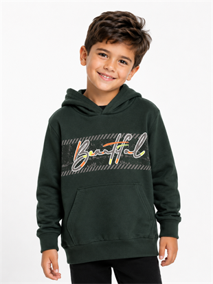2120- Baskılı Kapüşonlu Erkek Çocuk Sweatshirt - Haki
