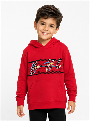 2120- Baskılı Kapüşonlu Erkek Çocuk Sweatshirt - Kırmızı