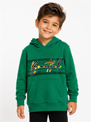 2120- Baskılı Kapüşonlu Erkek Çocuk Sweatshirt - Yeşil