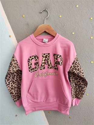 2122 - Kolları Leopar Baskılı Kız Çocuk Takım  - Pembe