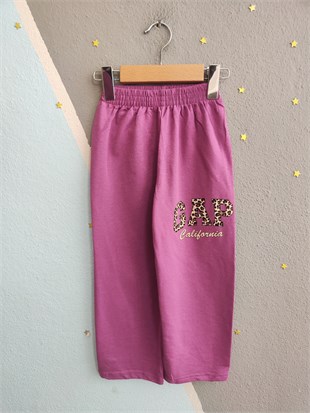 2122 - Kolları Leopar Baskılı Kız Çocuk Takım  - Lila