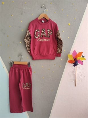 2122 - Kolları Leopar Baskılı Kız Çocuk Takım  - Mürdüm