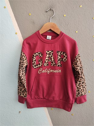 2122 - Kolları Leopar Baskılı Kız Çocuk Takım  - Mürdüm