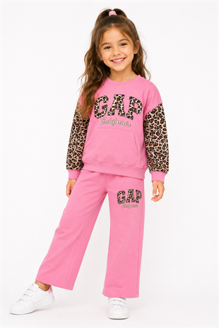 2122 - Kolları Leopar Baskılı Kız Çocuk Takım  - Pembe