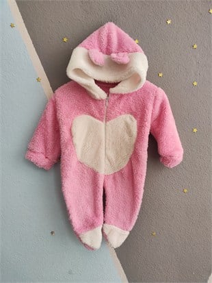 2142 -Kapüşonlu Peluş Kumaş Kız Bebek Tulumu - Pembe