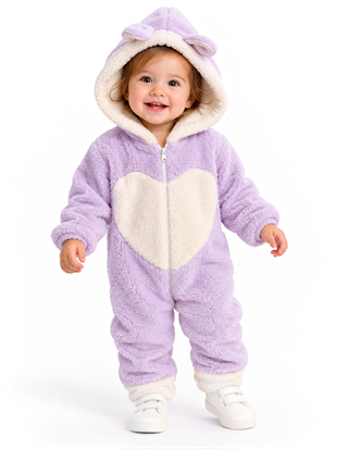 2142 -Kapüşonlu Peluş Kumaş Kız Bebek Tulumu - Lila