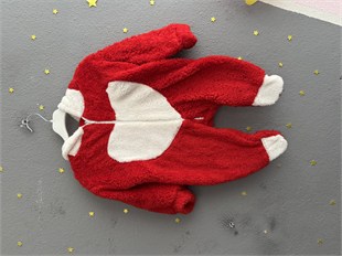 2142 -Kapüşonlu Peluş Kumaş Kız Bebek Tulumu - kırmızı