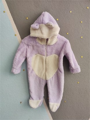 2142 -Kapüşonlu Peluş Kumaş Kız Bebek Tulumu - Lila