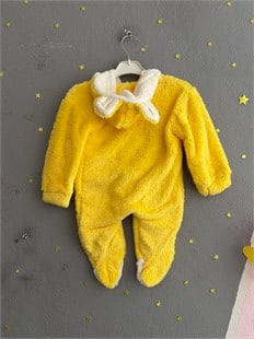 2142 -Kapüşonlu Peluş Kumaş Kız Bebek Tulumu - sarı