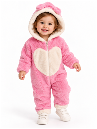 2142 -Kapüşonlu Peluş Kumaş Kız Bebek Tulumu - Pembe