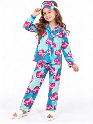 2144 - Kız Çocuk Pamuklu Göz Bantlı Pijama Takımı - Mavi-yeşil