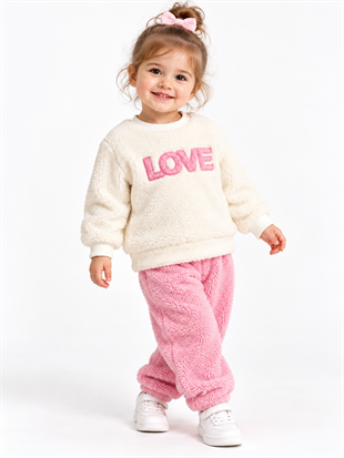 2153 - Love Baskılı Peluş Kumaş Kız Bebek Takımı - Pembe