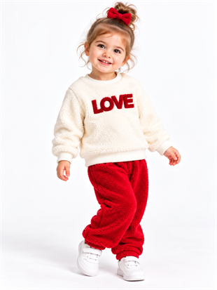2153 - Love Baskılı Peluş Kumaş Kız Bebek Takımı - Kırmızı