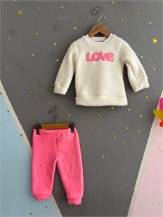 2153 - Love Baskılı Peluş Kumaş Kız Bebek Takımı - Neon