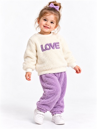 2153 - Love Baskılı Peluş Kumaş Kız Bebek Takımı - Lila