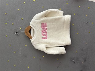 2153 - Love Baskılı Peluş Kumaş Kız Bebek Takımı - Pembe