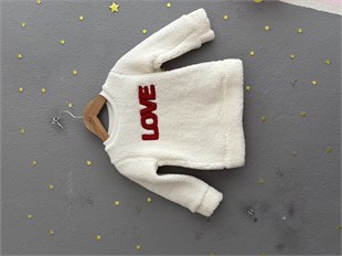 2153 - Love Baskılı Peluş Kumaş Kız Bebek Takımı - Kırmızı