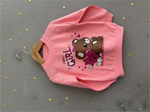 2159 - Ayıcık ve Kalp Baskılı Aksesuarlı Kız Çocuk Takımı - Pembe