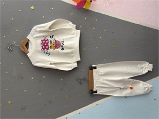 2160 - Kedi Baskılı Aksesuarlı Kız Çocuk Takımı - Krem