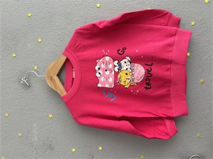 2160 - Kedi Baskılı Aksesuarlı Kız Çocuk Takımı - Fuşya