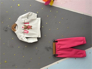 2162 - Ayıcık Baskılı Kız Bebek Takımı - Neon Pembe