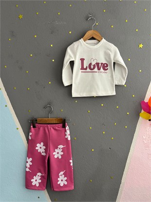 2163 - Love Baskılı Kız Bebek Takımı - Gül kurusu