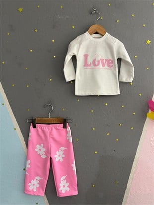 2163 - Love Baskılı Kız Bebek Takımı - Pembe