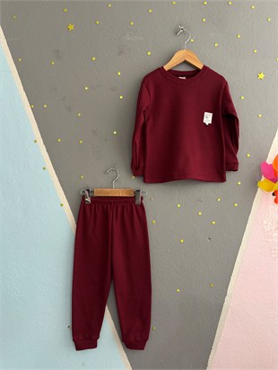 2164 - Kaşkorse Kumaş uzun Kollu Erkek Çocuk Takımı - Bordo