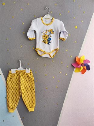 Arı Baskılı Çıtçıtlı Unisex Bebek Takım - Sarı