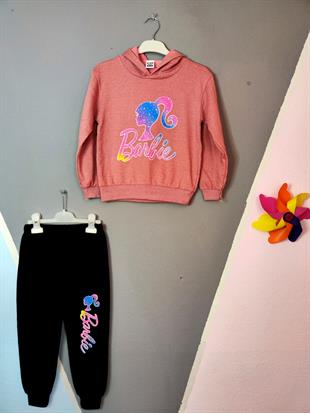 Barbie Baskılı Kapüşonlu Kız Takım - Gül Kurusu